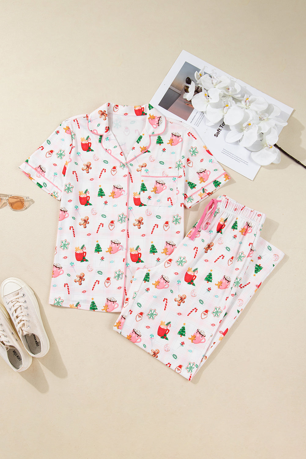Pink Christmas Spirit Cute Holiday Print Short Sleeve Shirt and Pants 2pcs Pajama Set