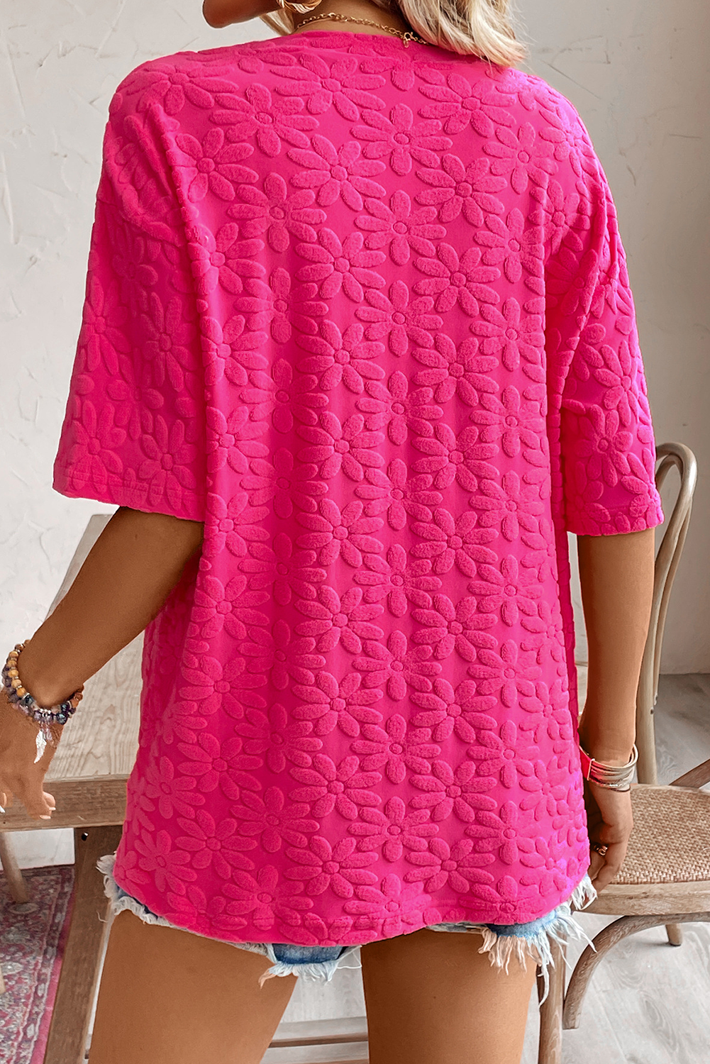 Rose Red Daisy Flower Jacquard Half Sleeve T Shirt