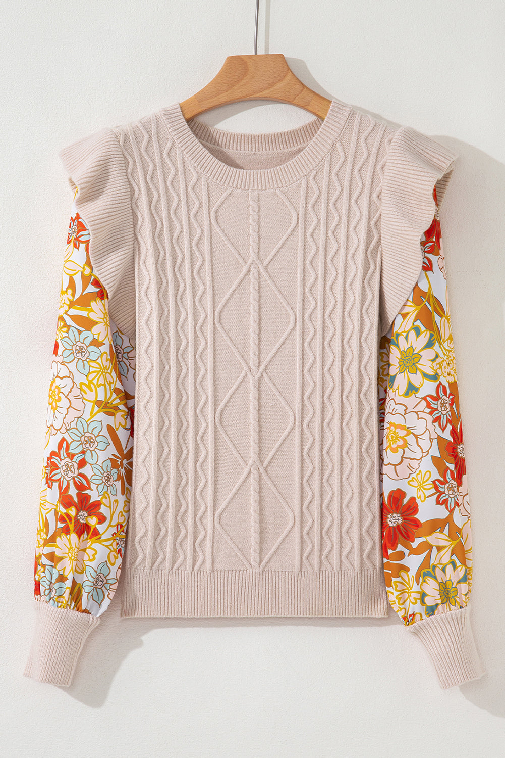 Parchment Cable Knit Ruffle Detail Contrast Floral Sleeve Patchwork Sweater