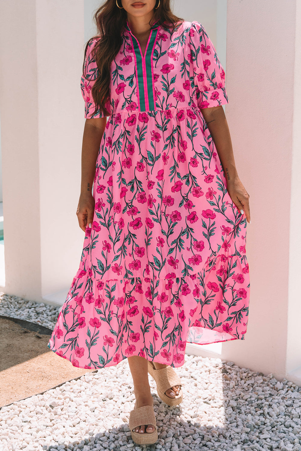 Pink Floral Contrast Neckline A-line Puff Sleeve Long Dress