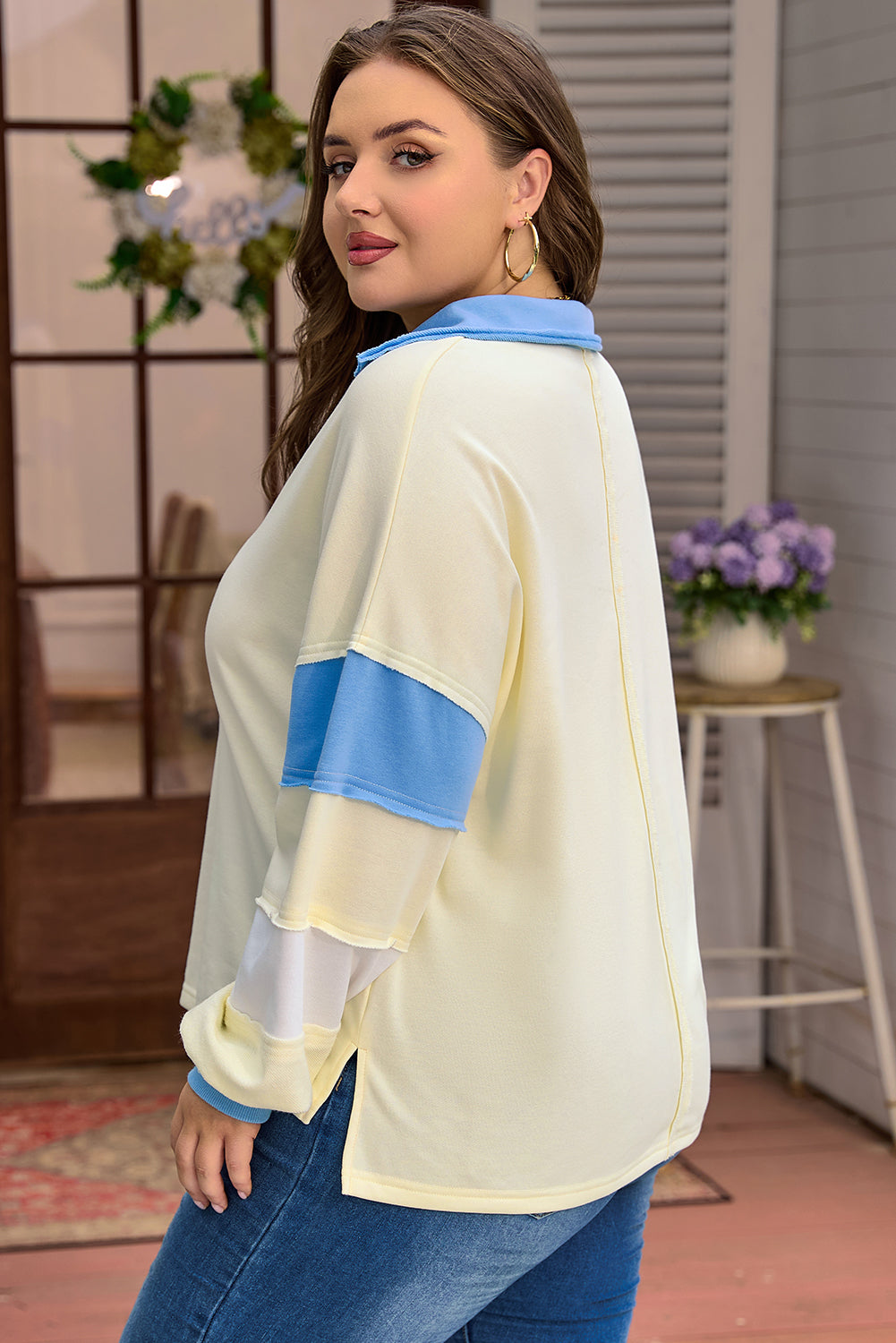 Yellow Cream Raw Seam Color Block Patchwork Plus Size V Neck Pullover