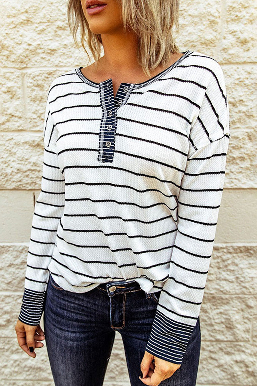 White Striped Buttoned Henley Waffle Knit Top