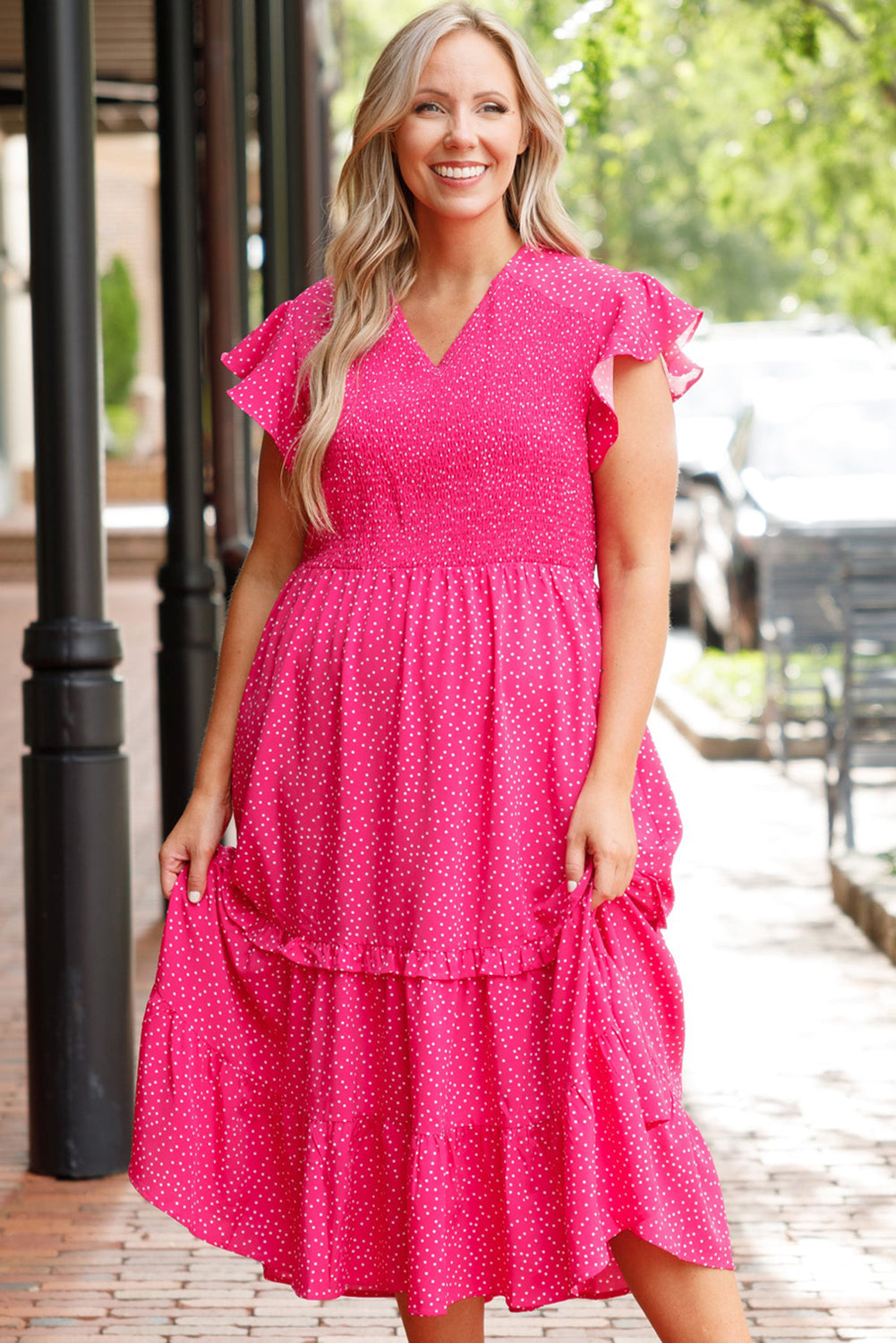 Rose Polka Dot Print Ruffled Smocked High Waist Plus Midi Dress