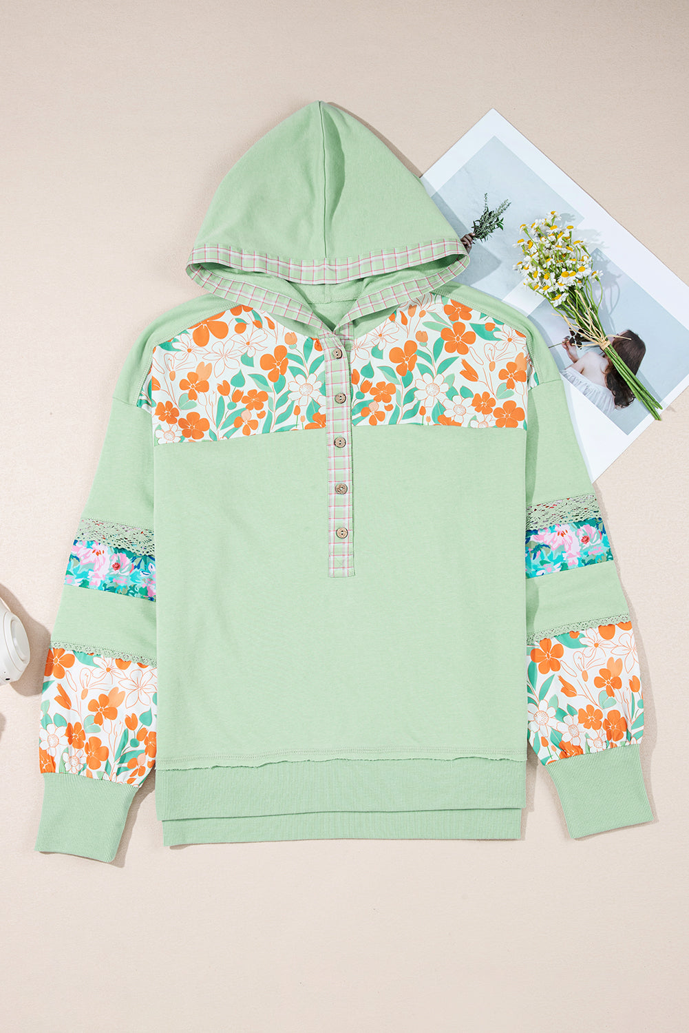 Clearly Aqua Lace Floral Patchwork Half Button Hooded Pullover