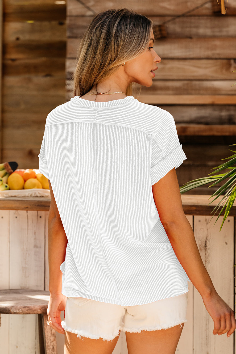 White Textured Knit Exposed Stitching T-shirt