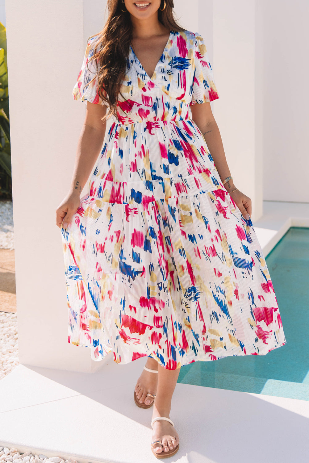 Rose Abstract Print Short Puff Sleeve Tiered Maxi Dress