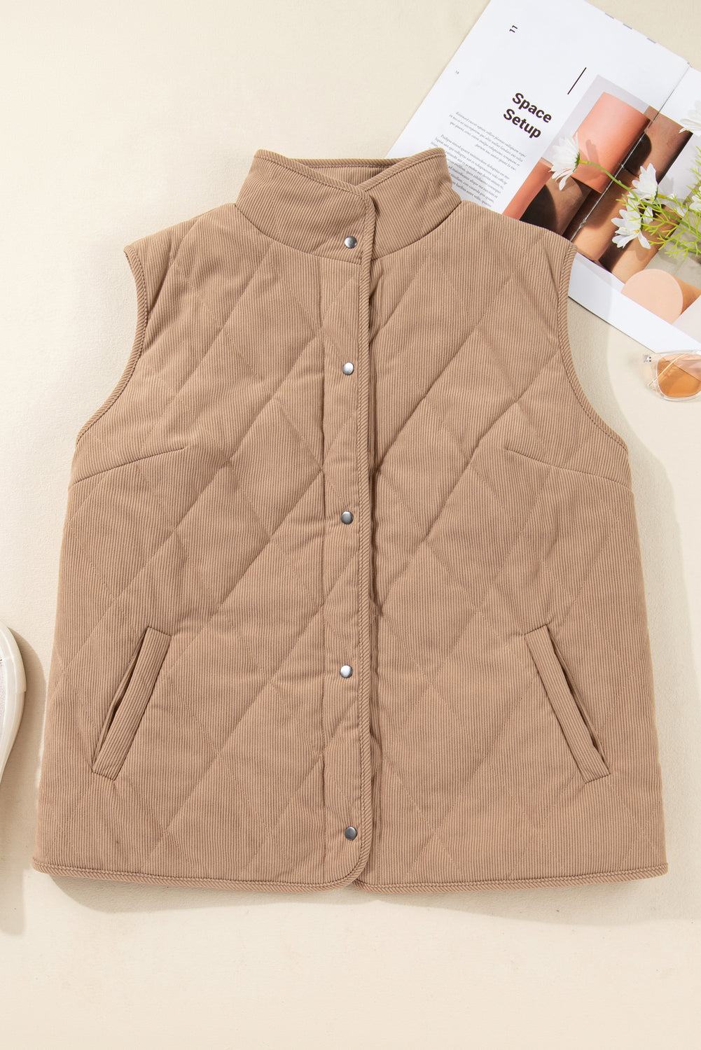 Camel Plus Size Quilted Cord Snap Button Vest Jacket