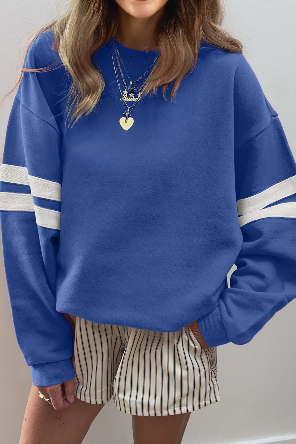Sky Blue Varsity Striped Detail Drop Shoulder Oversized Sweatshirt