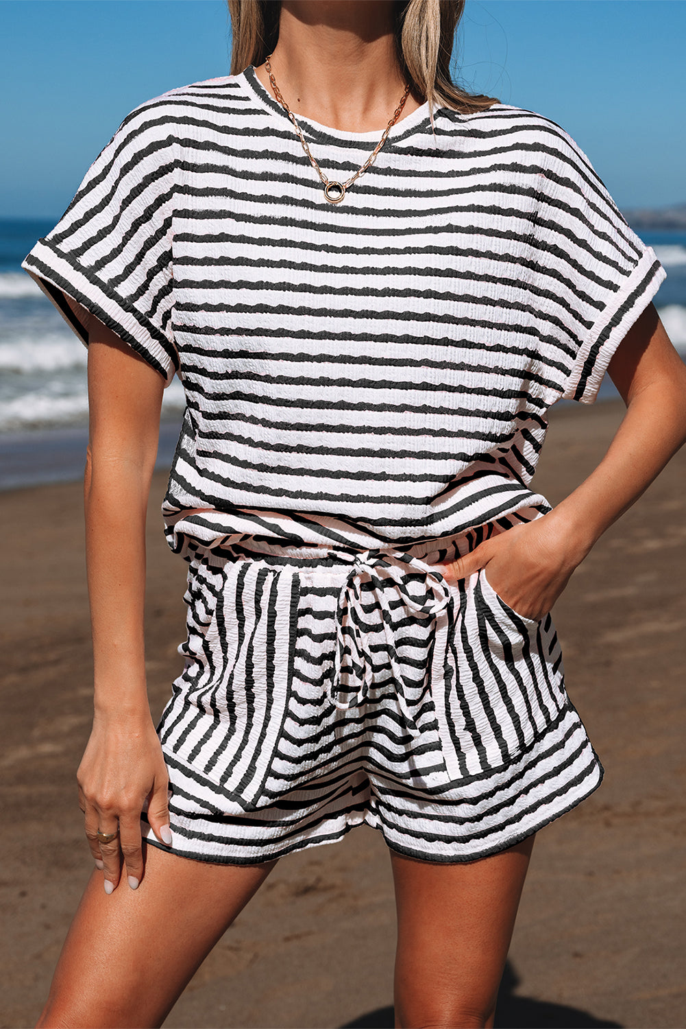 Black Stripe Knitted Short Sleeve Top and Drawstring Shorts Set