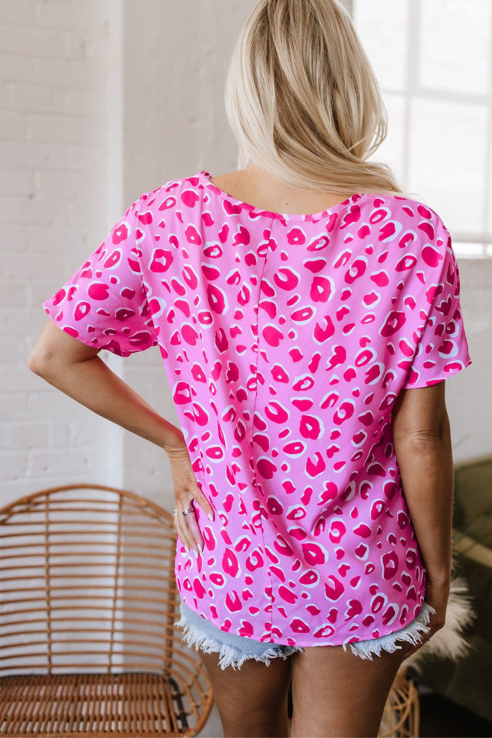 Pink Leopard V Neck Loose Short Sleeve Top