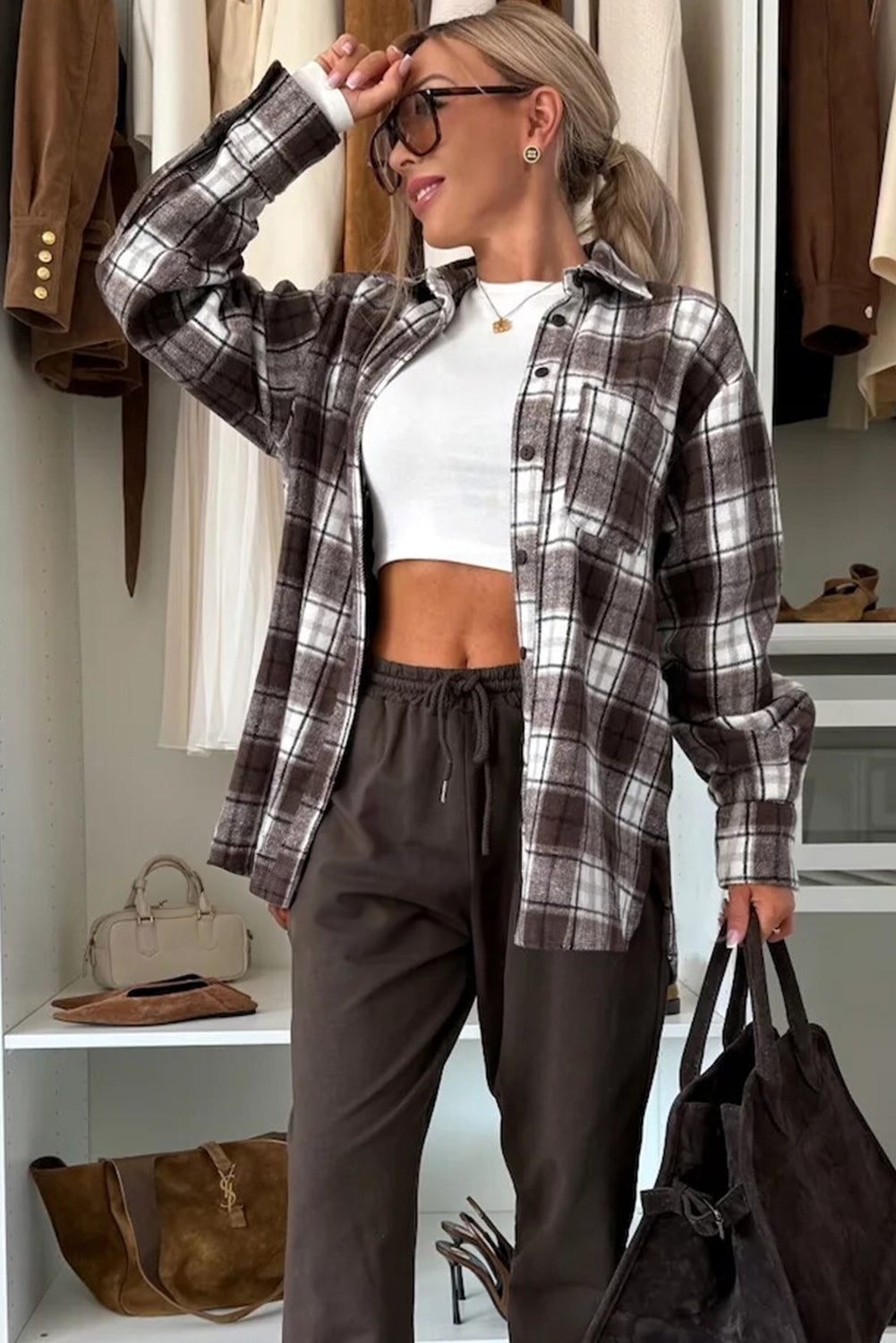 Dark Brown Flanel Plaid Single Chest Pocket Boyfriend Shacket