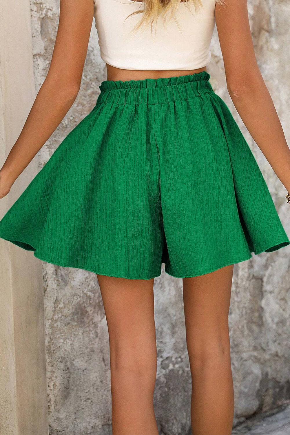 Dark Green Textured Frilled Lace-up Elastic Waistband Ruffle Wide Leg Shorts