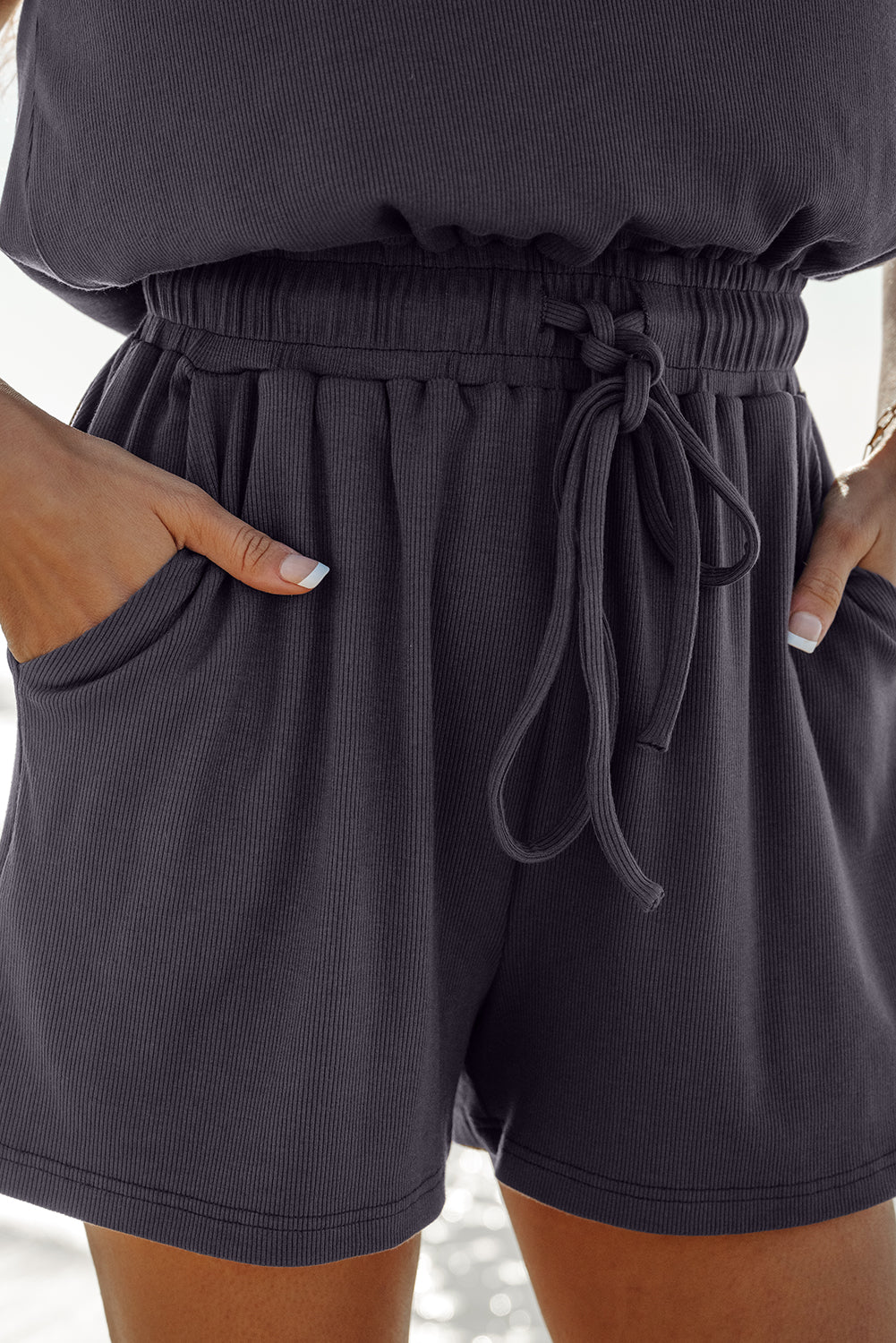 Bristol Black Knit Open Back Cap Sleeve Drawstring Elastic Waistband Romper