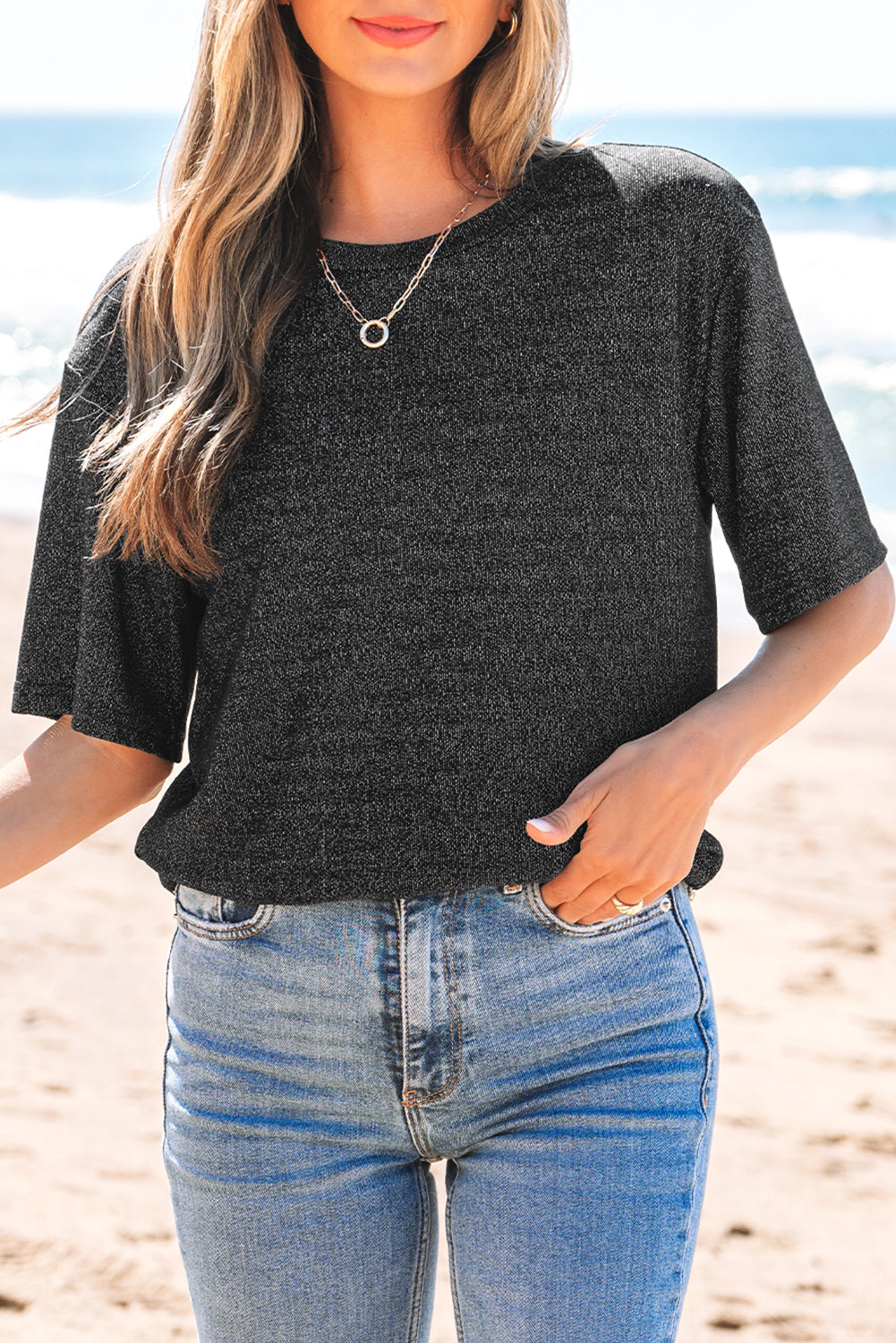 Black Bow Decor Glittery Short Sleeve Top