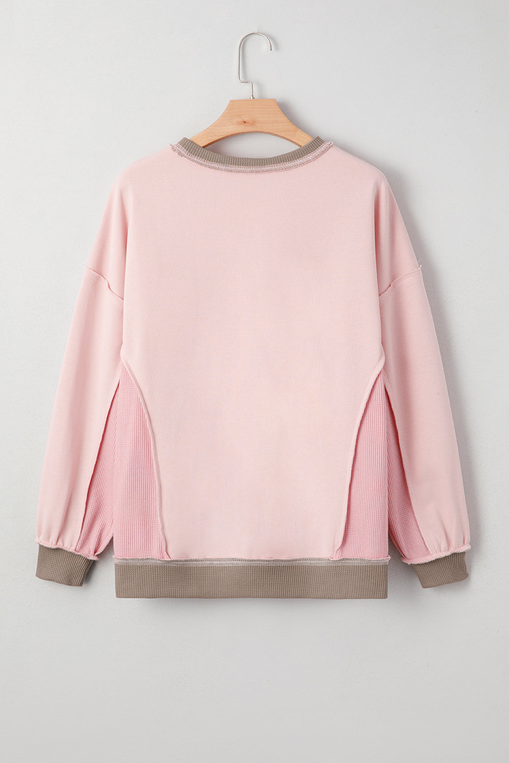 Light Pink Plus Color Block Waffle Patchwork Exposed Seam Baggy Sweatshirt