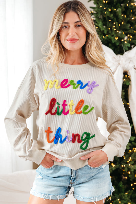 Beige merry little thing Corded Letter Graphic Ribbed Loose Sweatshirt