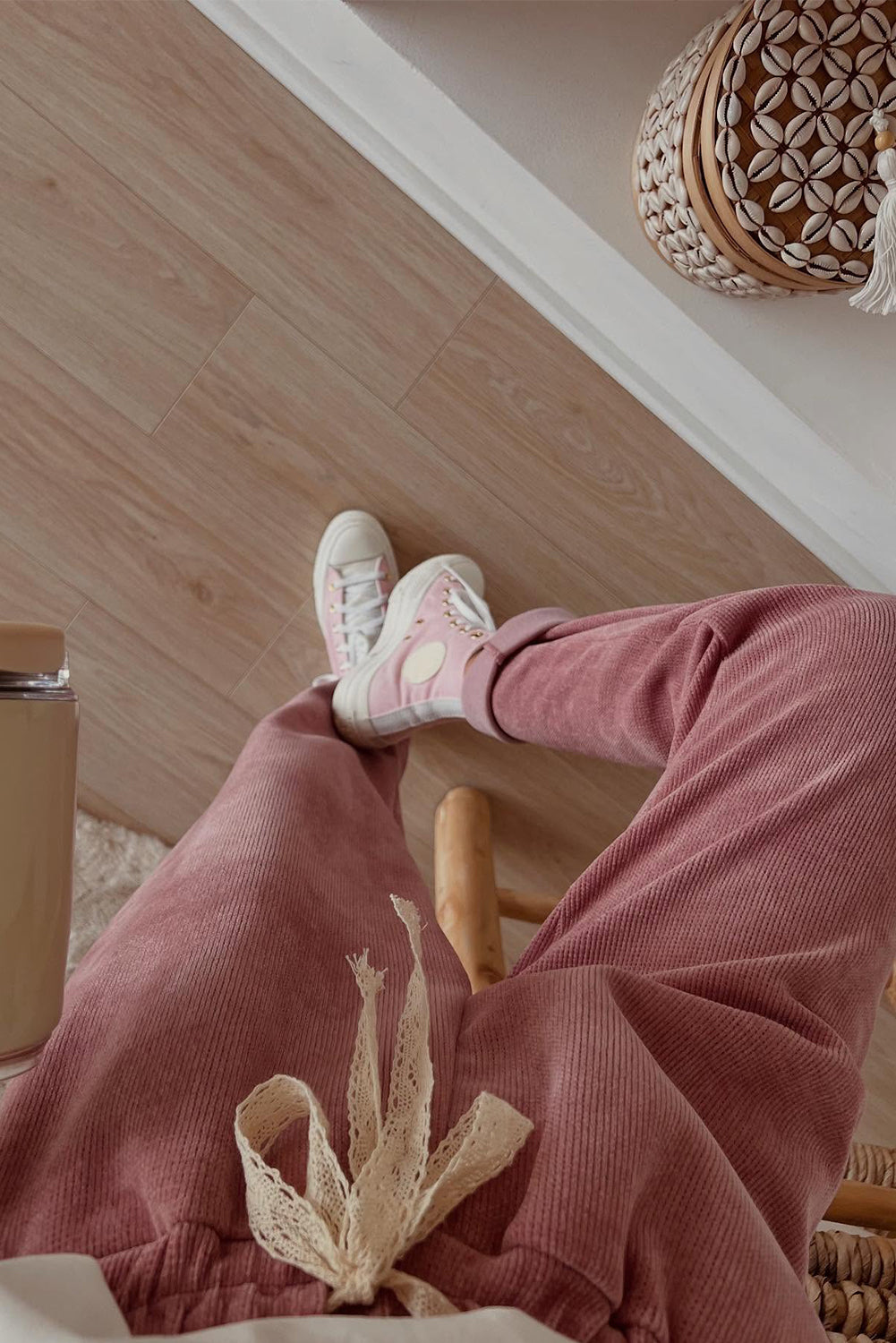 Rose Tan Lace Drawstring Pullover Hoodie and High Waist Pants Corduroy Suit