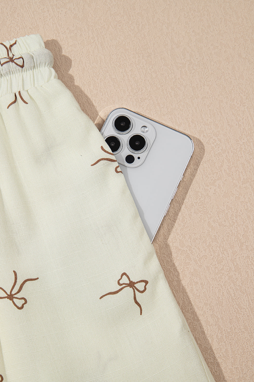 White Bow Print Lace Drawstring Elastic Waistband Casual Shorts