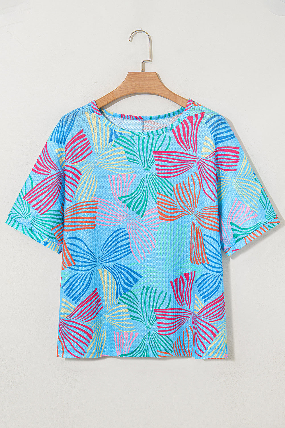 Multicolour Bowknot Printed Waffle Crewneck Loose Short Sleeve Top