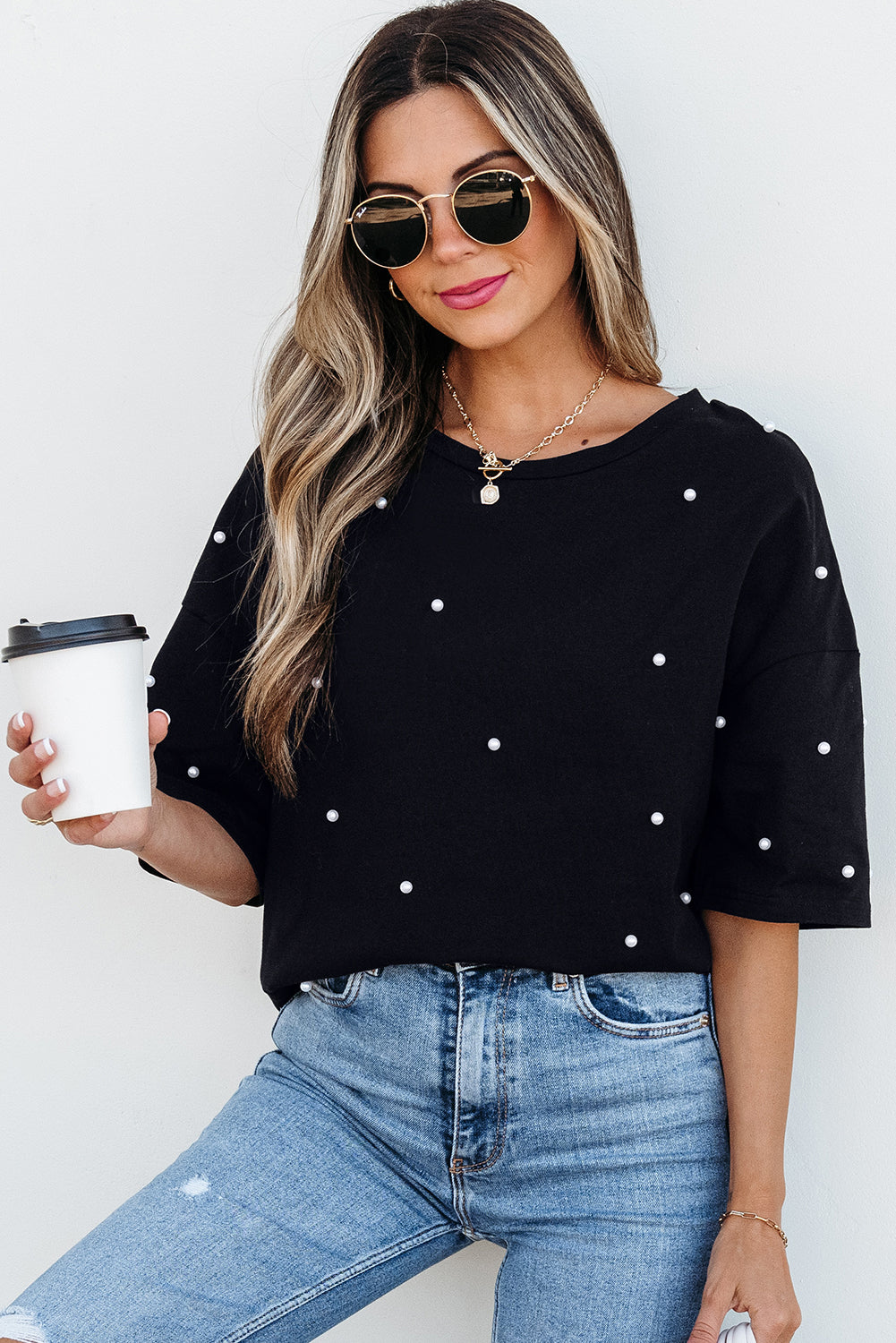 Black Pearl Beaded Drop Shoulder Crewneck T Shirt