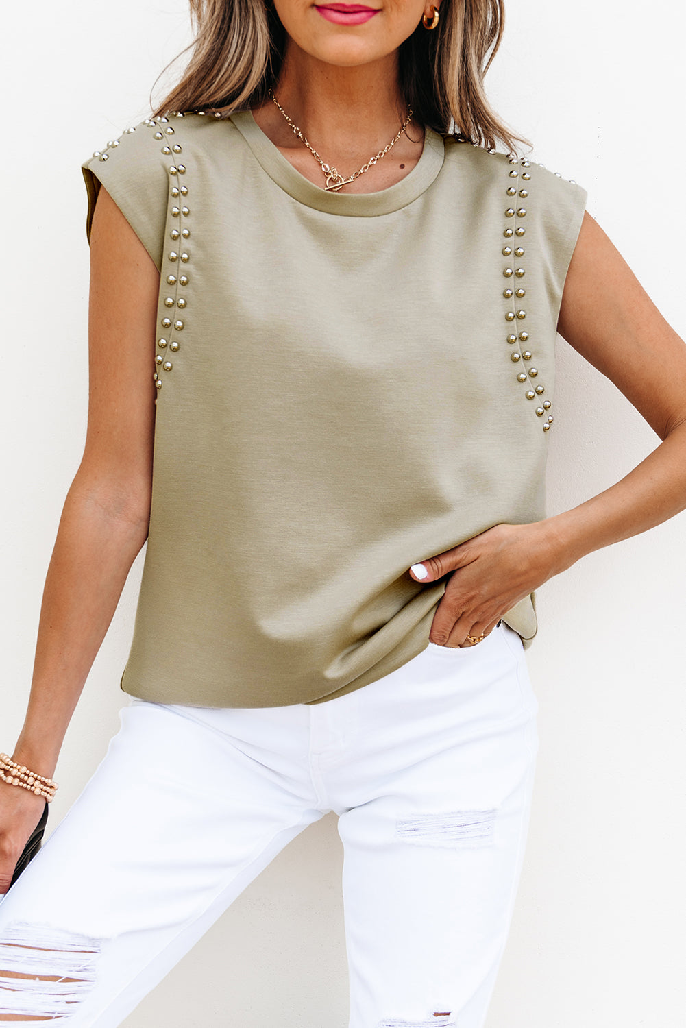 Sage Green Studded Cap Sleeve Round Neck T Shirt