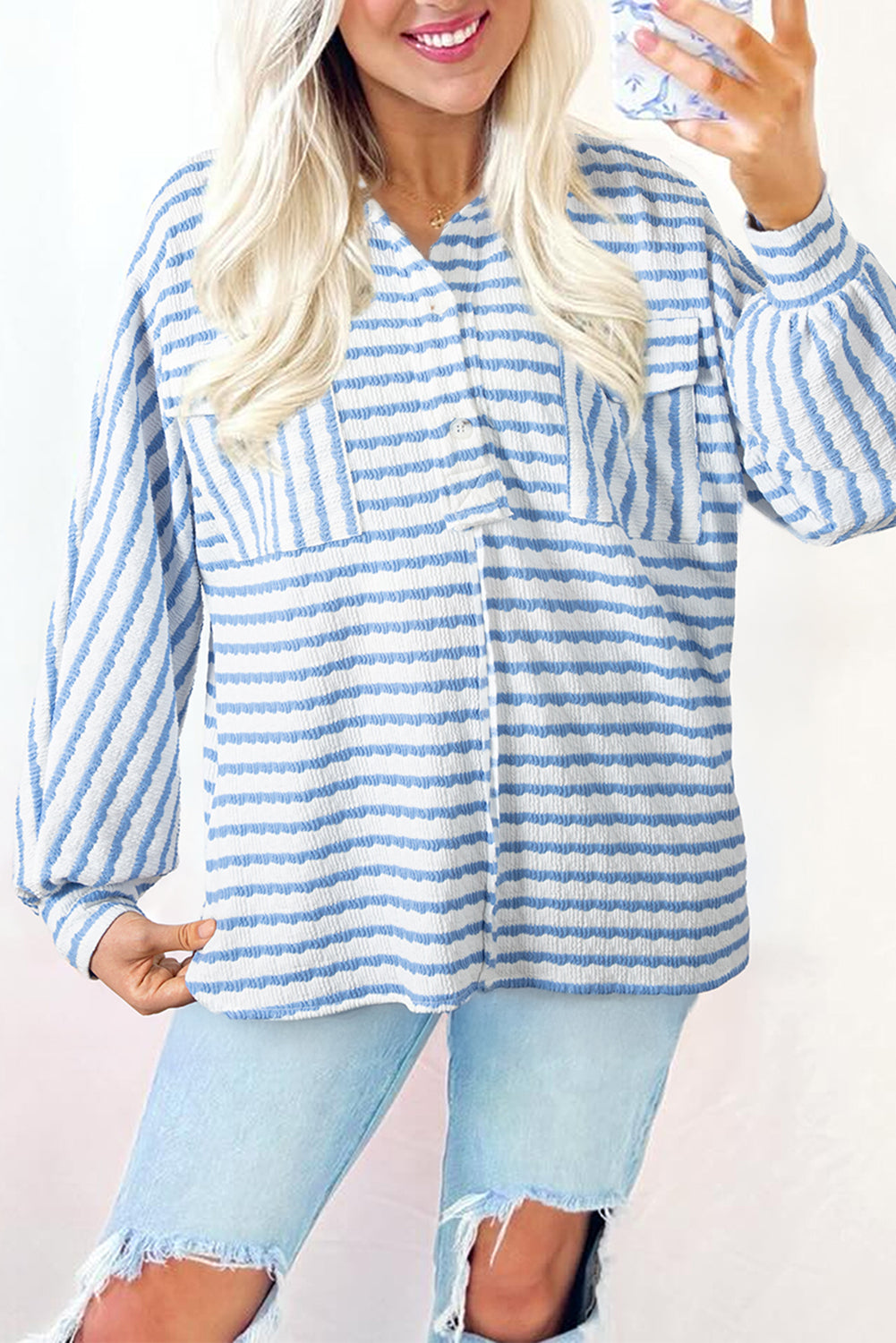 Sky Blue Stripe Half Button Collared Chest Pockets Loose Fit Blouse
