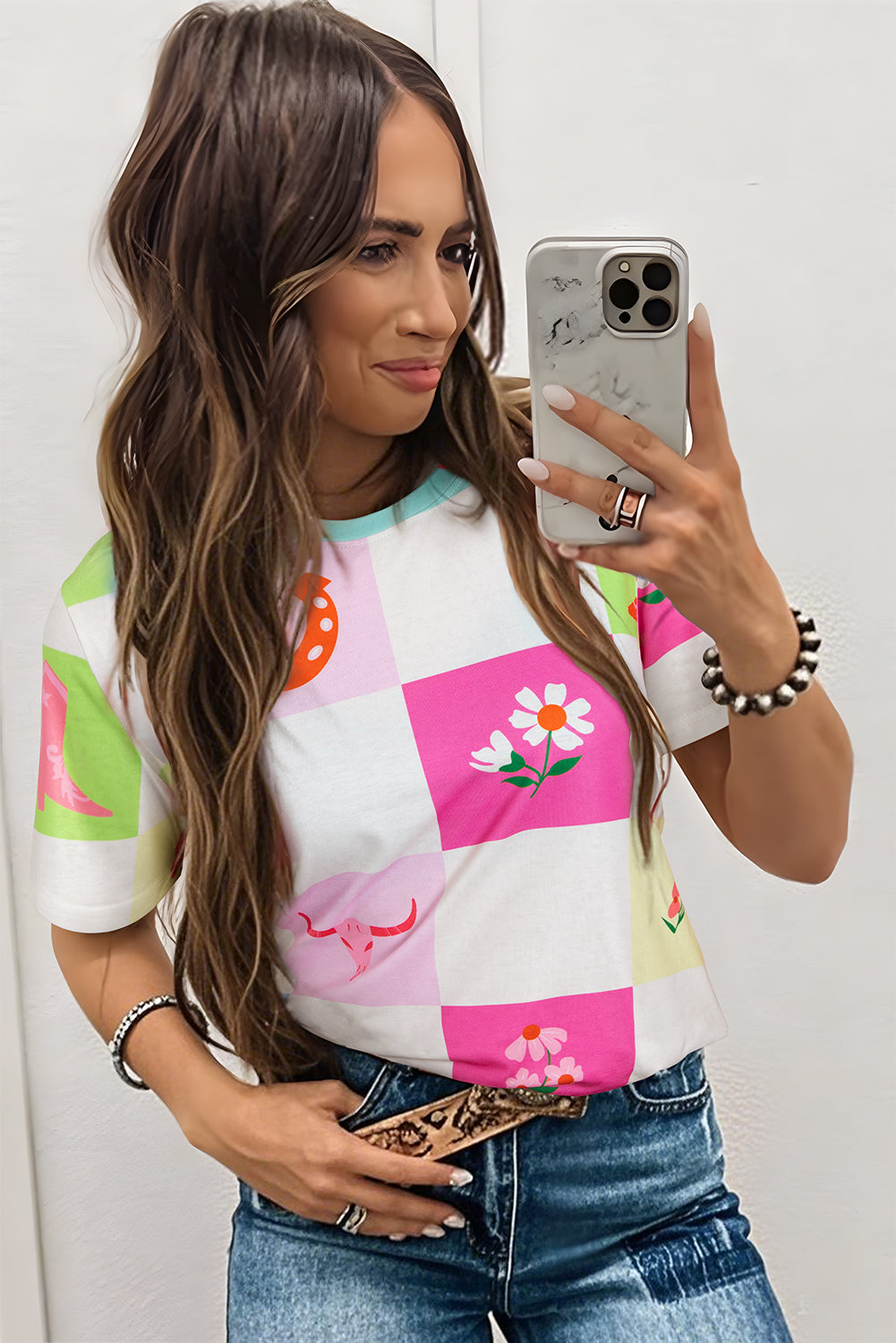 Purple Western Fashion Checker Print Crewneck T Shirt