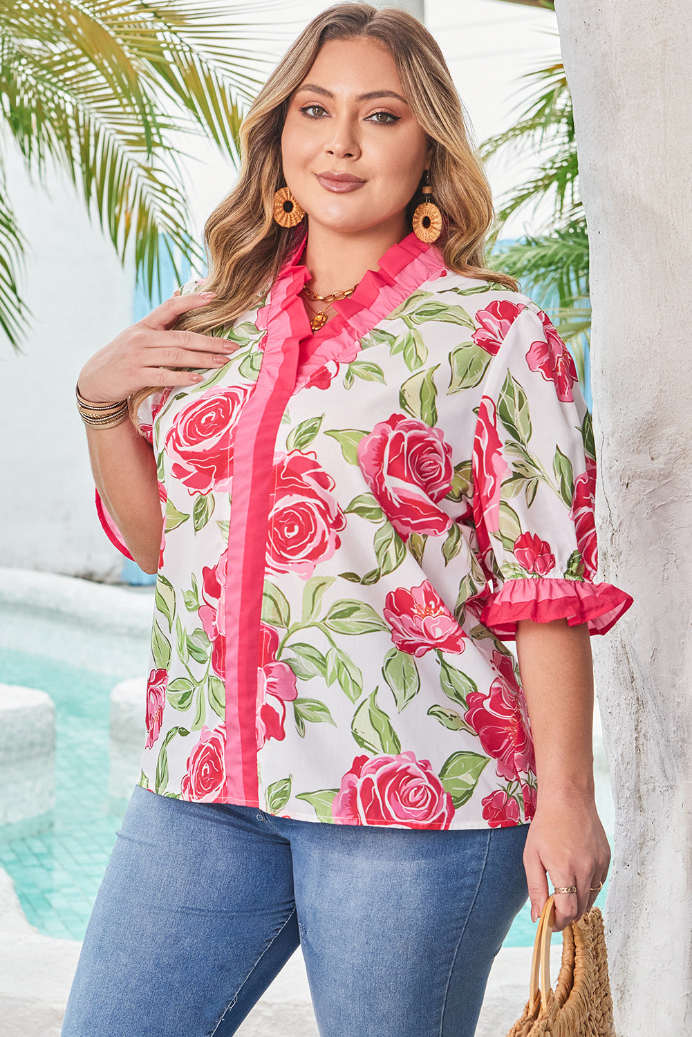 Rose Plus Size Floral Print Frilled Stripes Detail Short Sleeve Blouse
