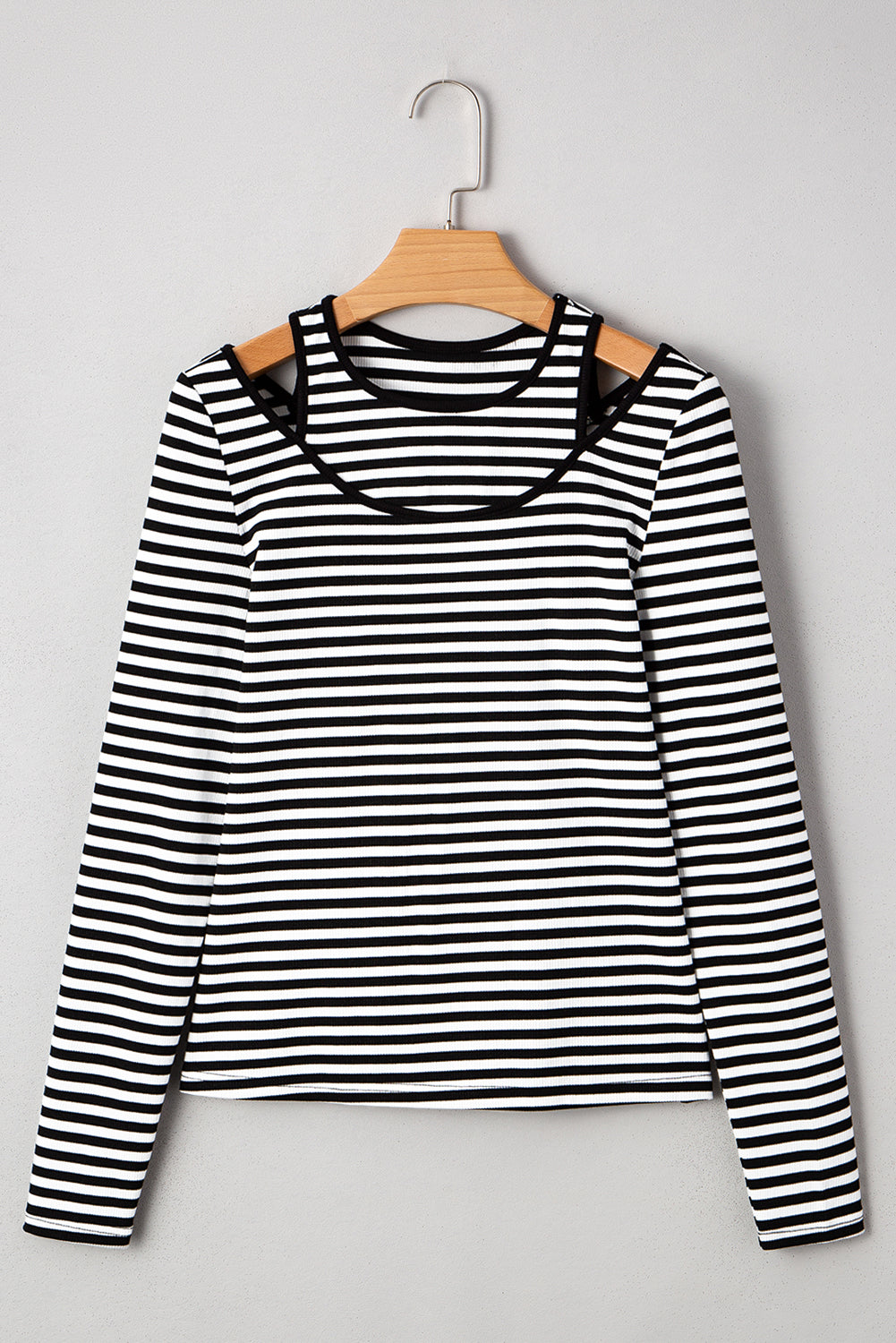 Black Stripe Double-layer Cold Shoulder Long Sleeve Top