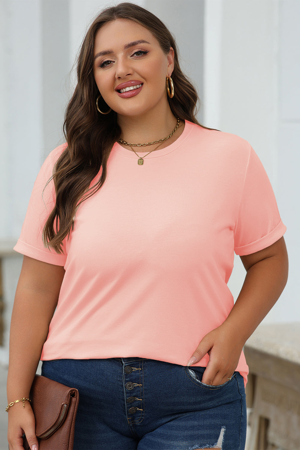 Pink Casual Plain Crew Neck Tee