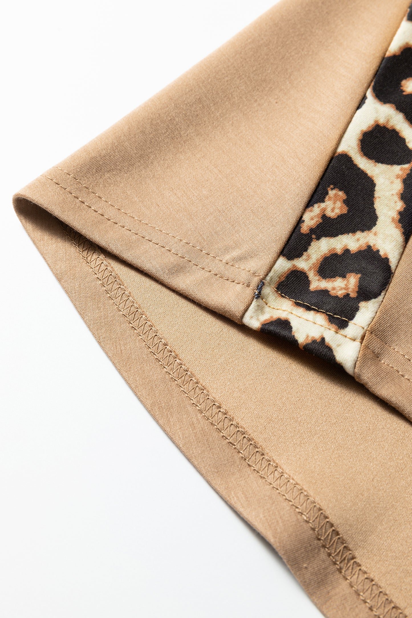 Light French Beige Leopard Trim Round Neck Loose T Shirt