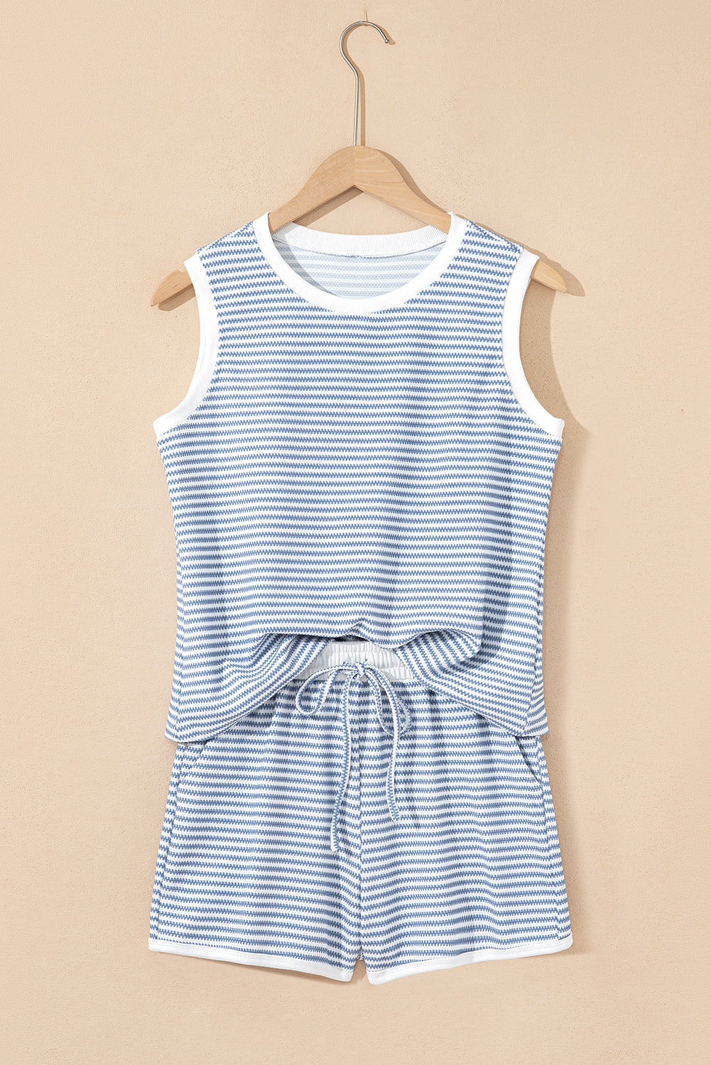 Myosotis Contrast Trim Striped Vest Drawstring Shorts Set