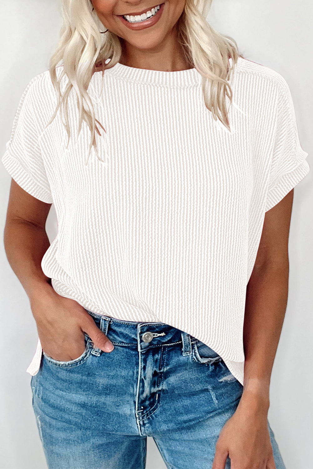 White Textured Knit Exposed Stitching T-shirt