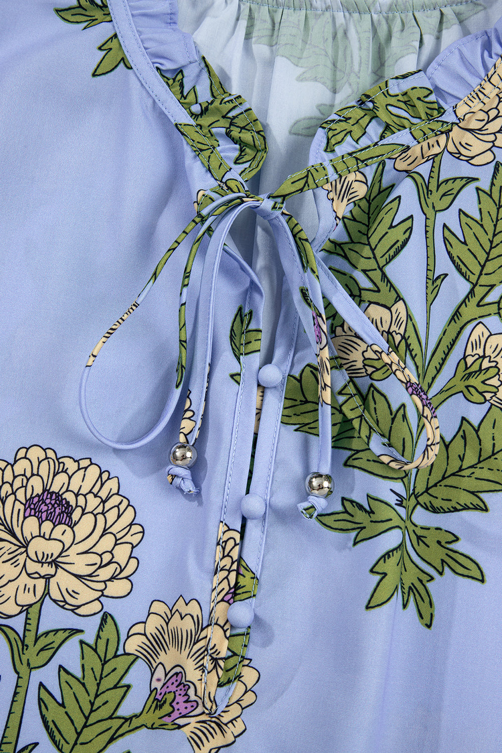 Sky Blue Floral Print Button Tie Neck Long Puff Sleeve Blouse