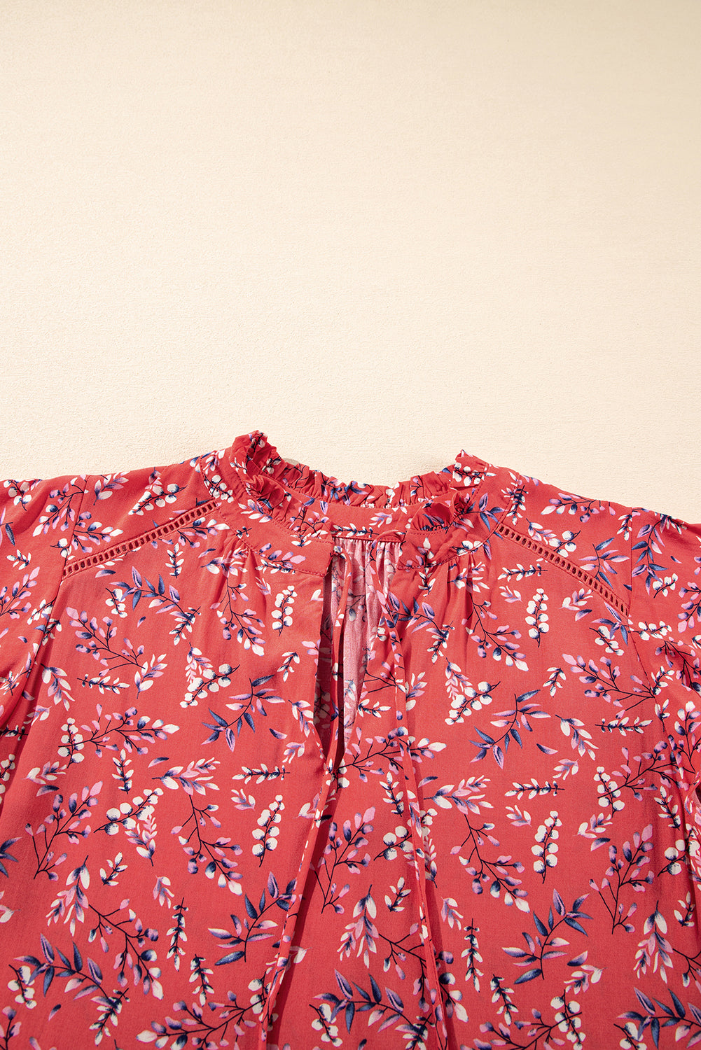 Red Floral Tie Split Neck Short Flounce Sleeve Crinkled Blouse