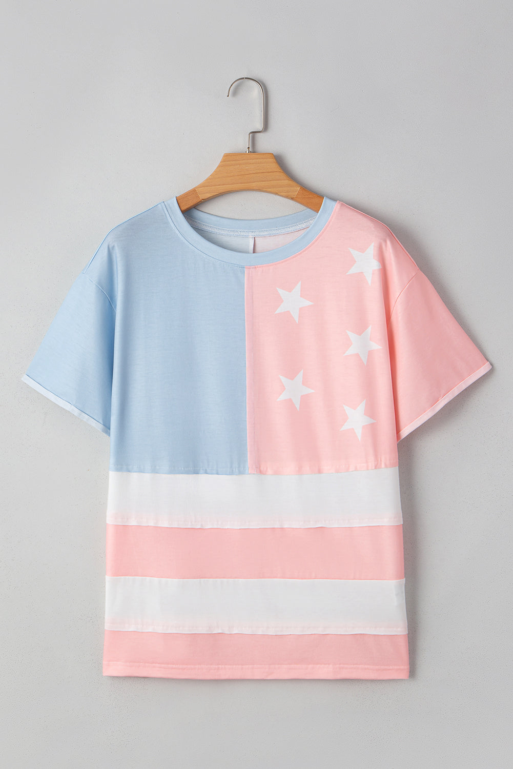 Pink Stars and Stripes Printed Crewneck Independence Day T Shirt