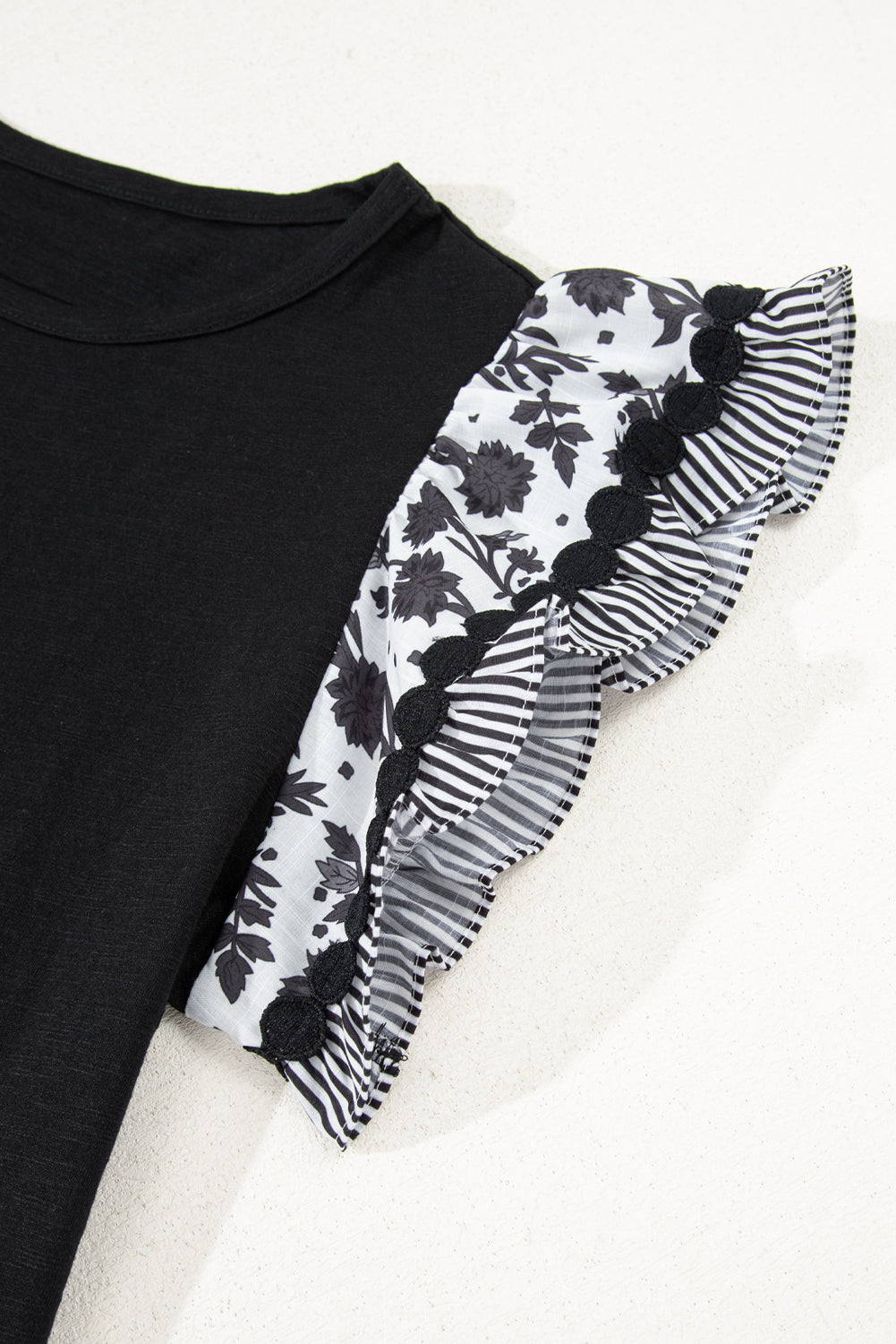Black Ricrac Trim Printed Flutter Sleeve Contrast Patchwork Blouse