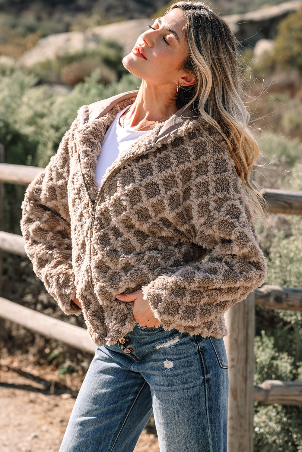 Chestnut Sherpa Rhombus Zip Up Side Pocket Hooded Jacket