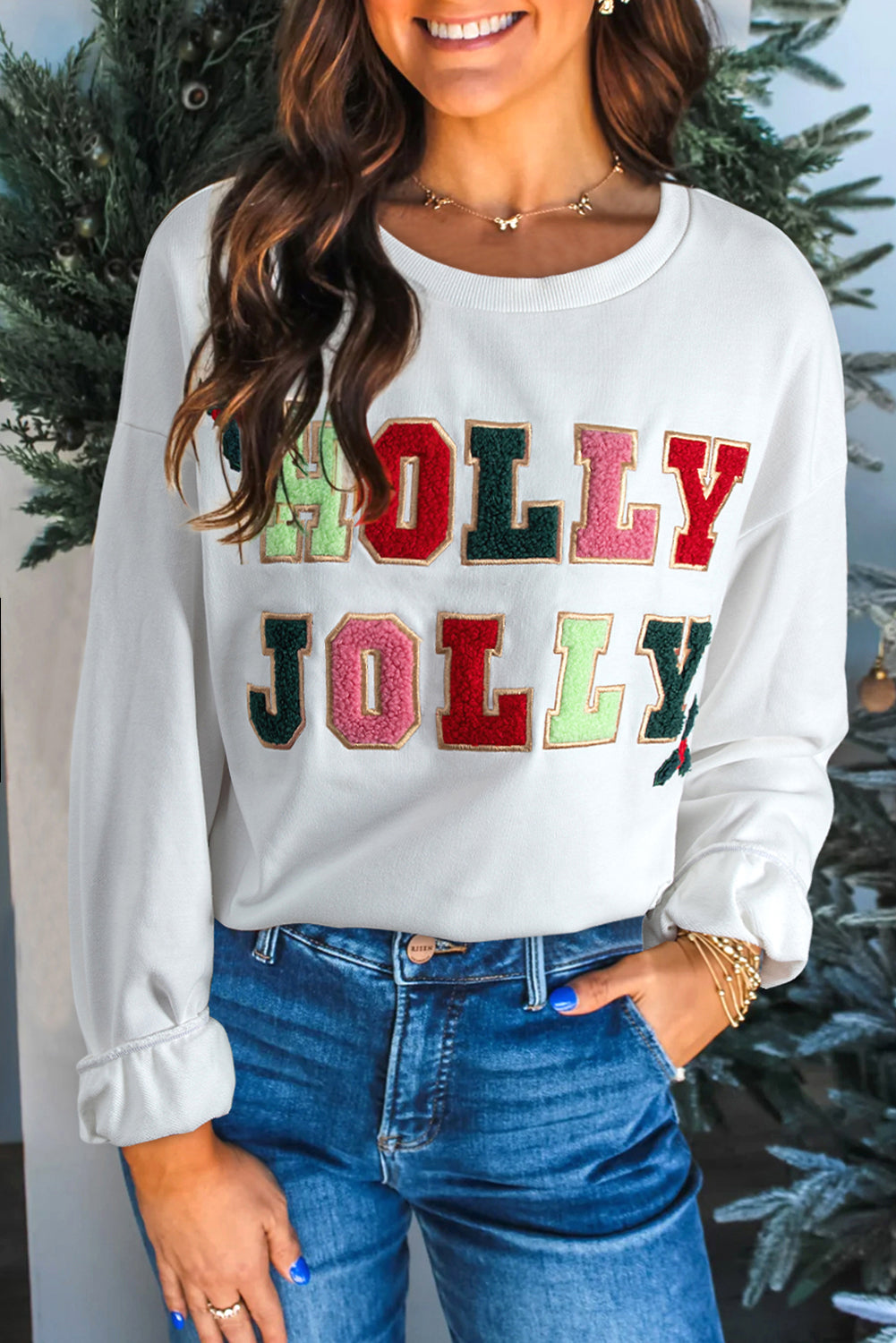 White HOLLY JOLLY Embroidered Graphic Pullover Sweatshirt