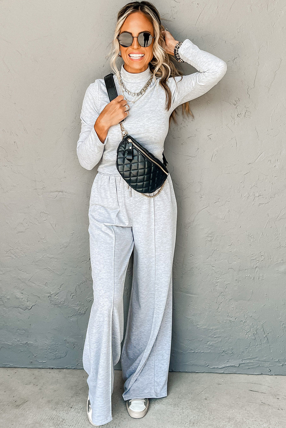 Light Grey Long Sleeve High Neck Slim Top Smocked Waist Central Seam Pants Set