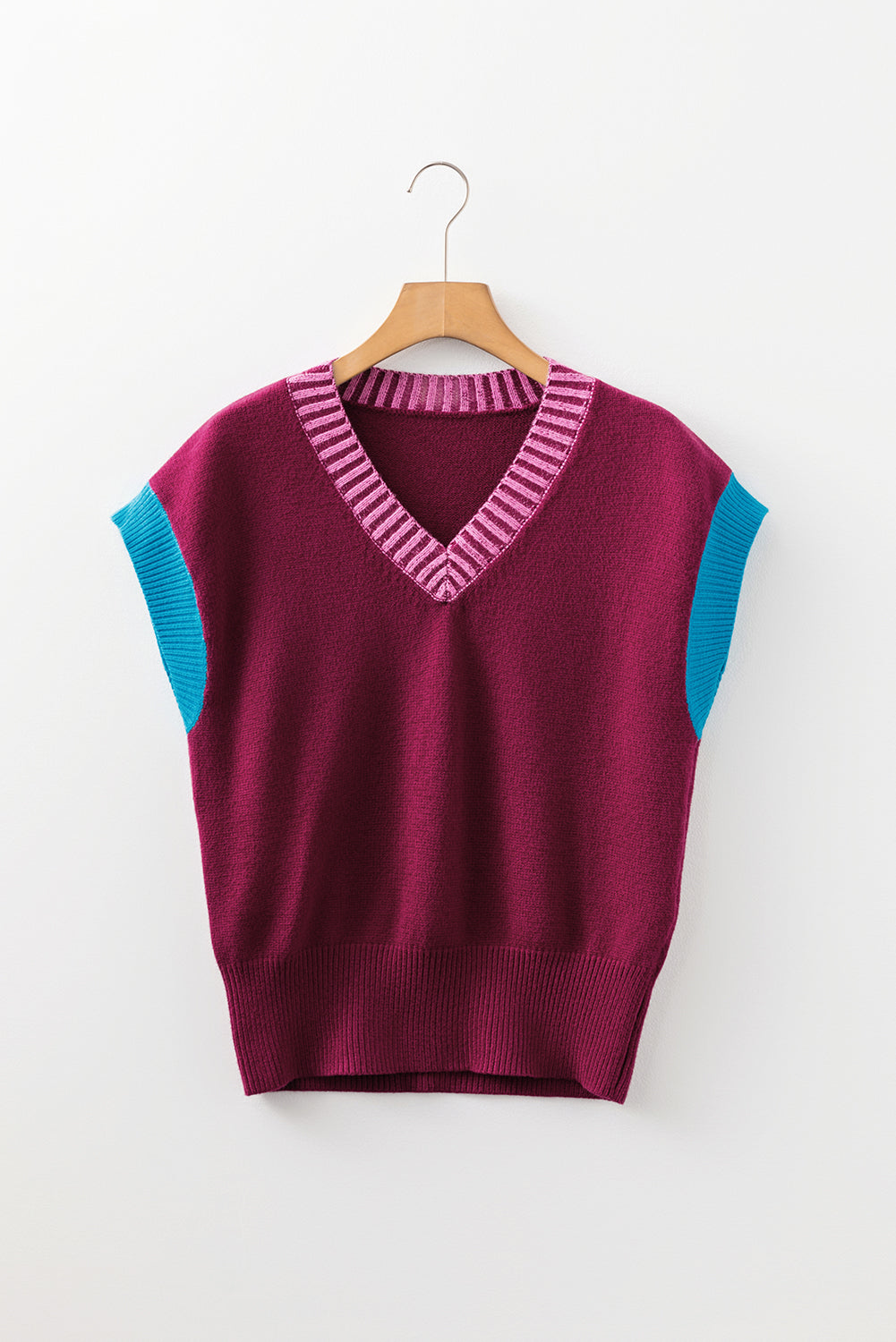 Burgundy Contrast Trim V Neck Cuffed Short Sleeve Loose Sweater