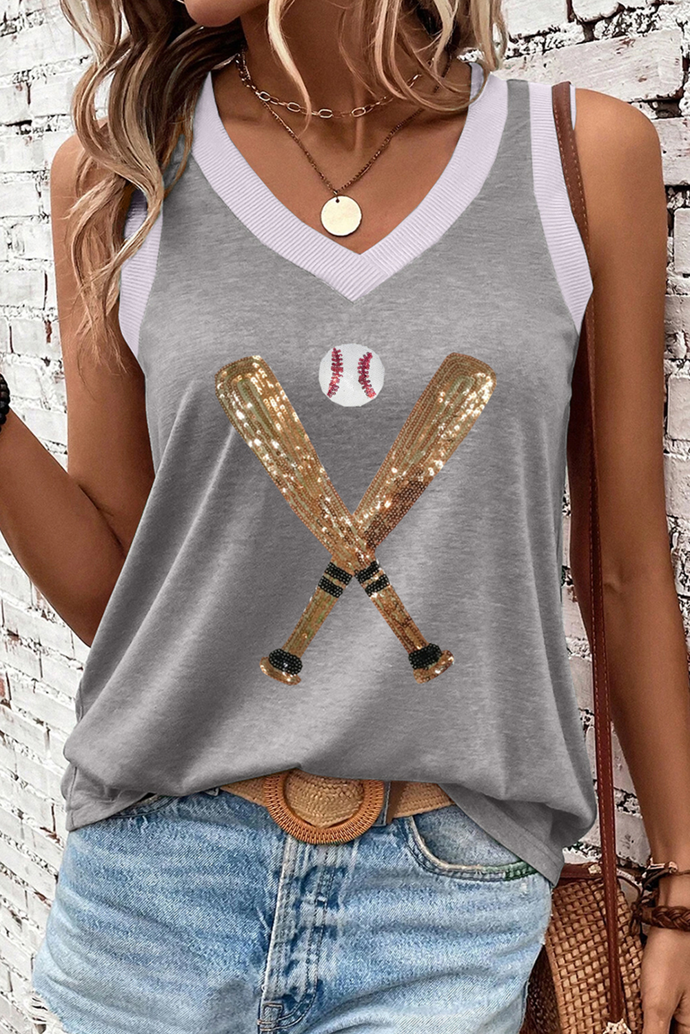Gray Sequined Baseball Bat Graphic Ribbed Trim Casual Tank Top