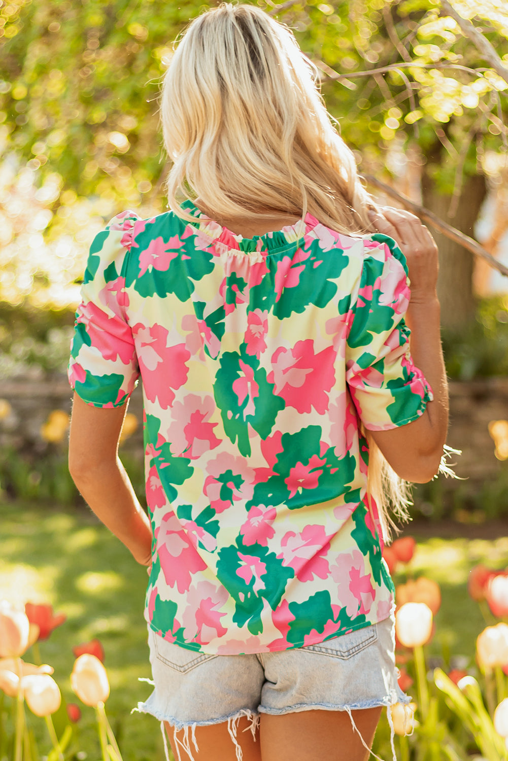 Green Abstract Print Frilly Neck Ruched Short Sleeve Blouse