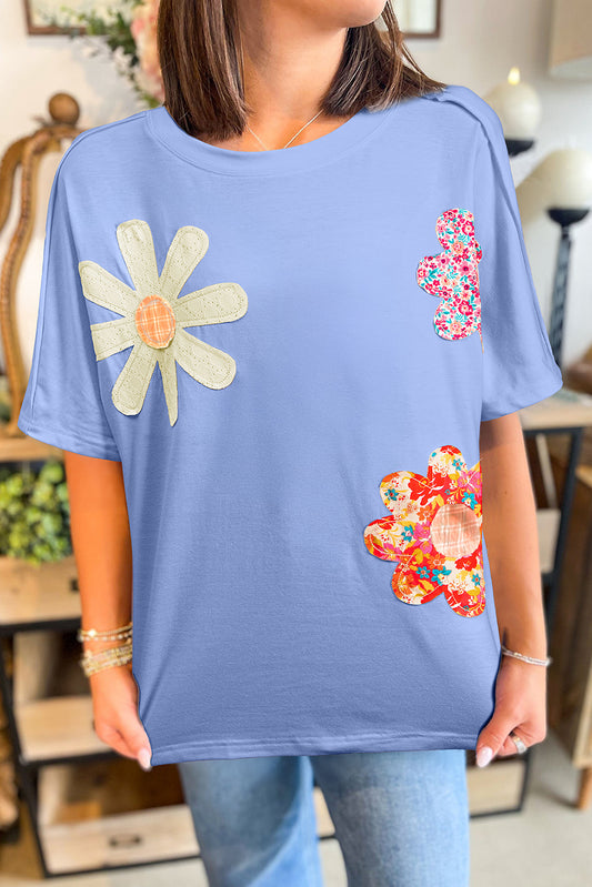 Sky Blue Flower Patched Exposed Stitching Trim Crew Neck Loose Tee