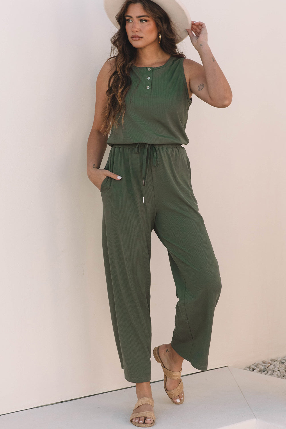 Vineyard Green Buttoned Drawstring Elastic Waistband Sleeveless Wide Leg Jumpsuit