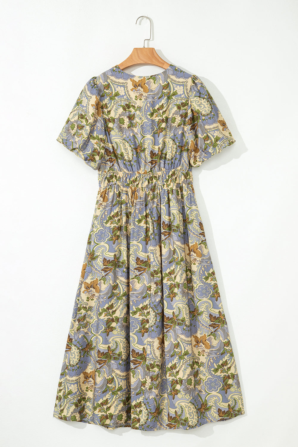 Multicolour Vintage Floral V Neck Short Puff Sleeve Long Dress