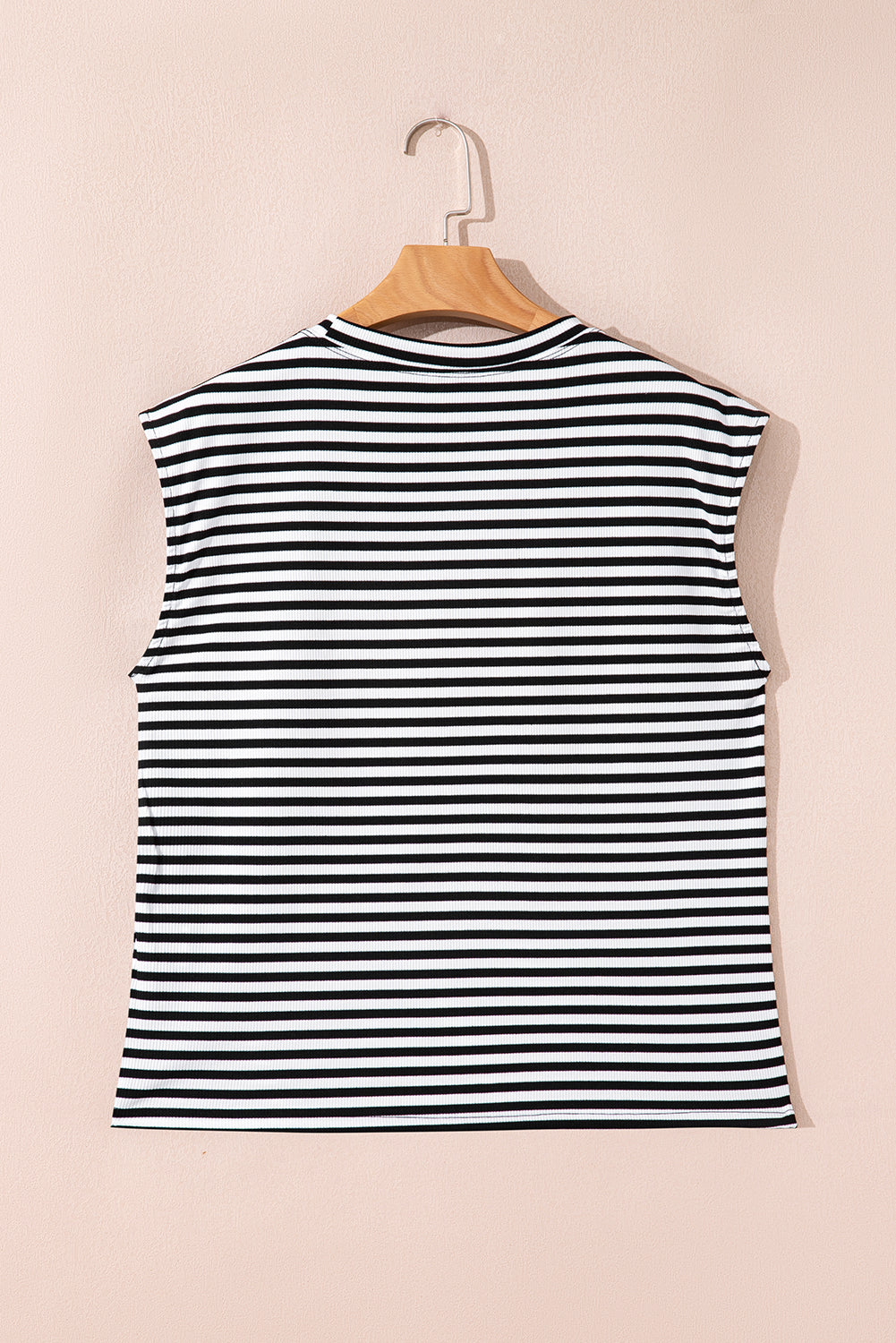 Black Stripe Ribbed Cap Sleeve Round Neck T Shirt