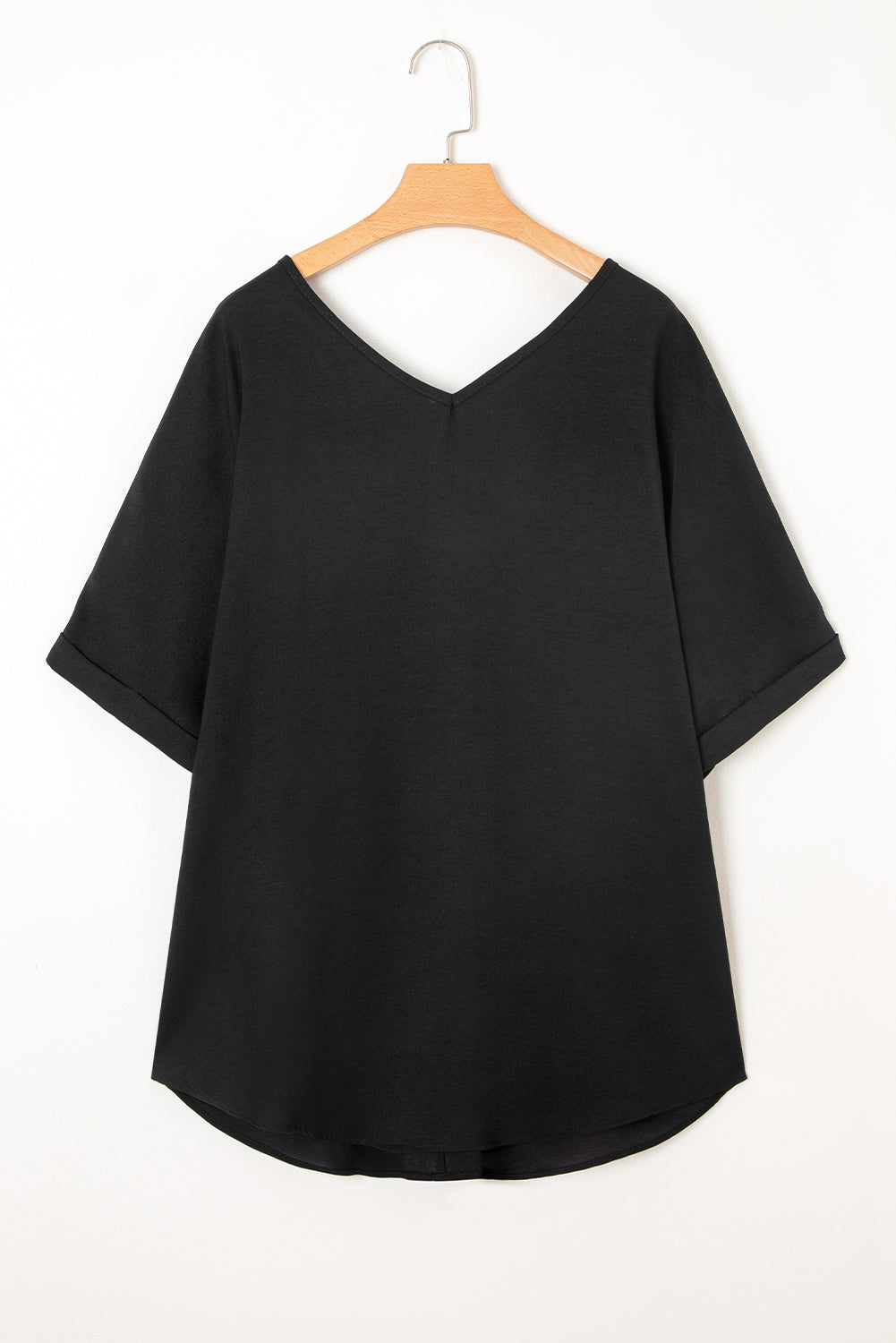 Black Seamed Back High Low Hem V Neck Cuffed Sleeve Plus Size Tee
