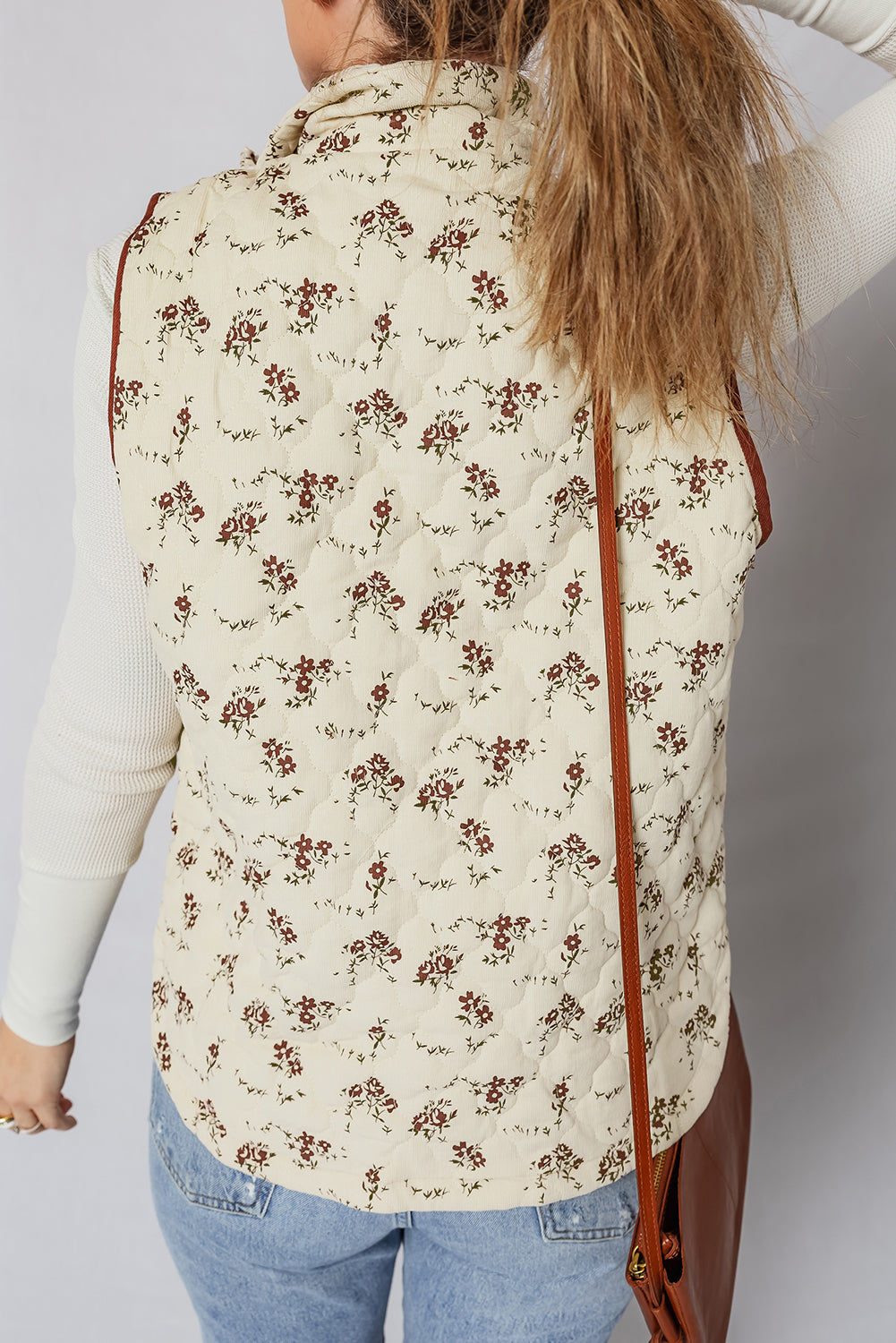 Apricot Floral Print Zip Up Quilted Vest