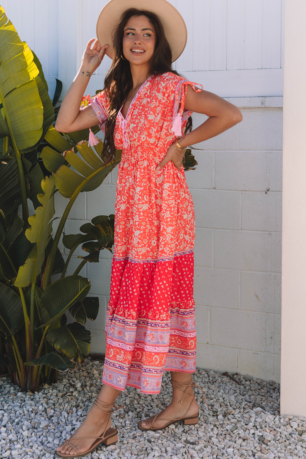 Red Floral Print Tasseled Tied Sleeve Empire Waist Maxi Dress